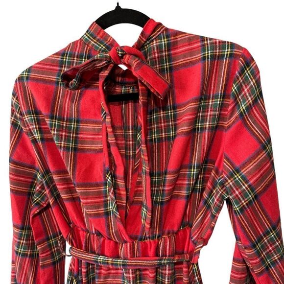 Cupshe Stand Collar Belted Ruffle Frill Plaid Gingham Check Dress Open Tie Back - Picture 10 of 11